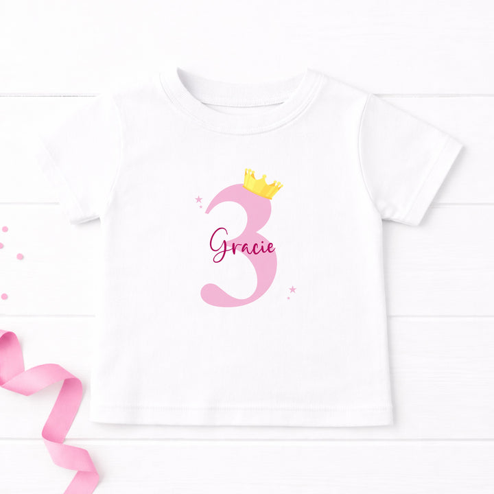 Personalised Pink And Gold Crown Any Age Birthday T-Shirt
