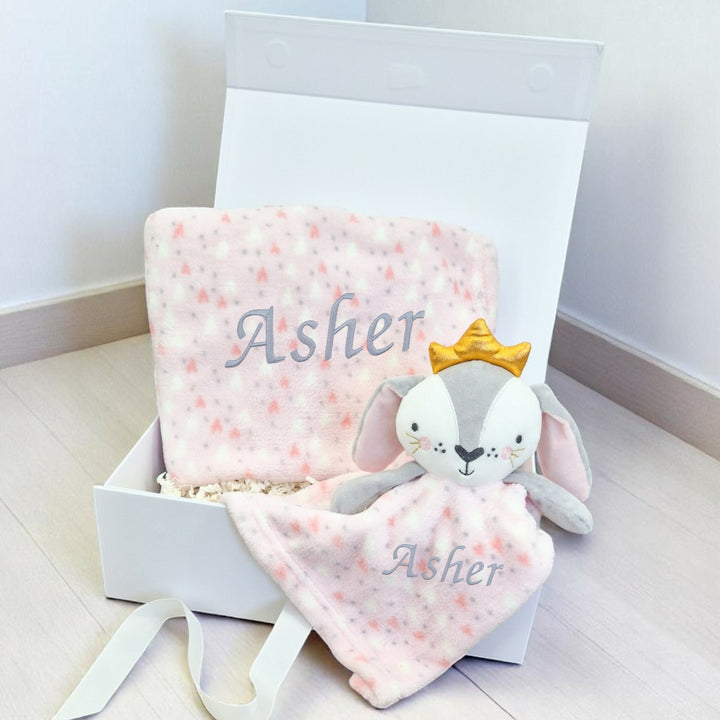 Girls Pink Bunny & Blanket Personalised Gift Hamper Set