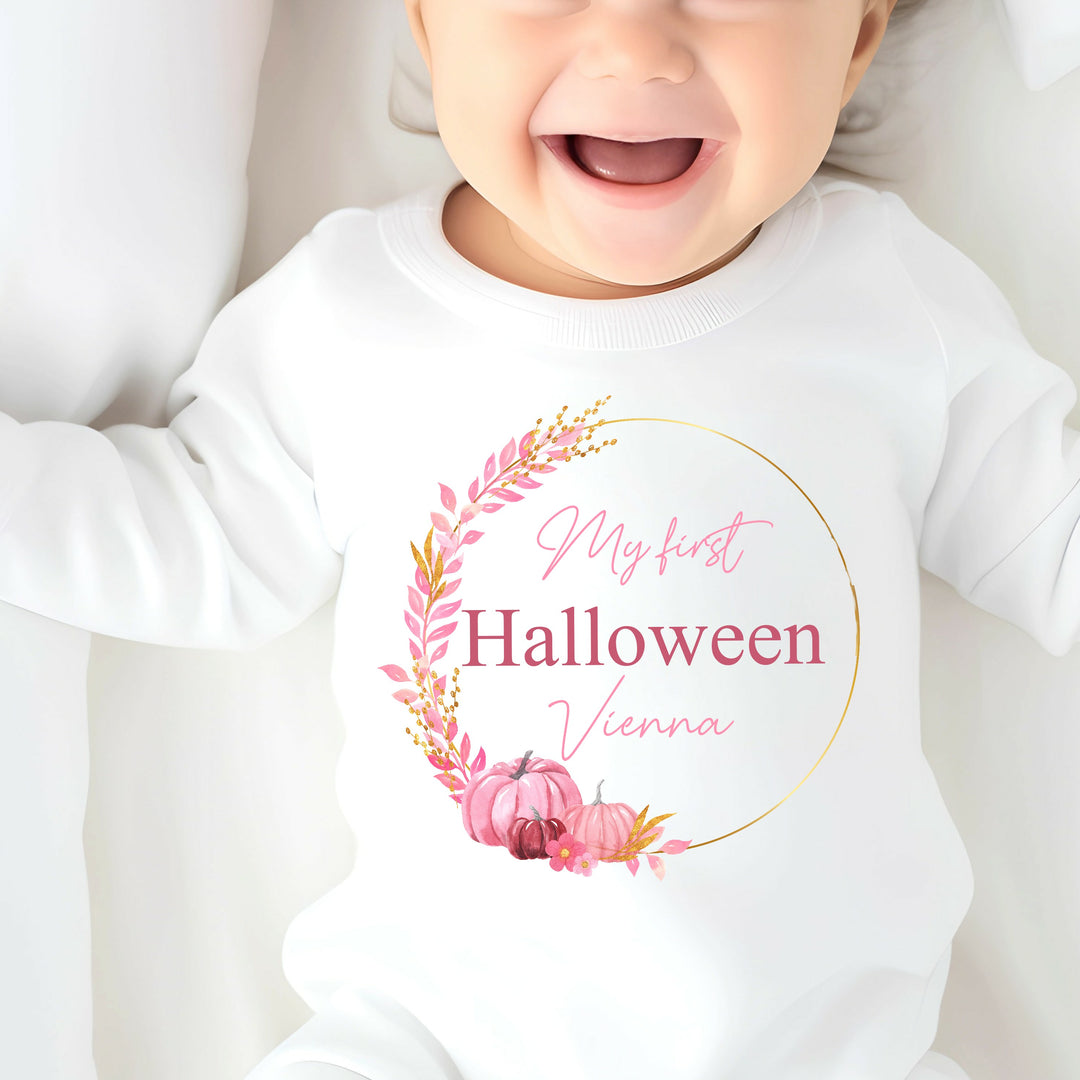 Personalised My First Halloween Pink Wreath Babygrow/Vest/Bib