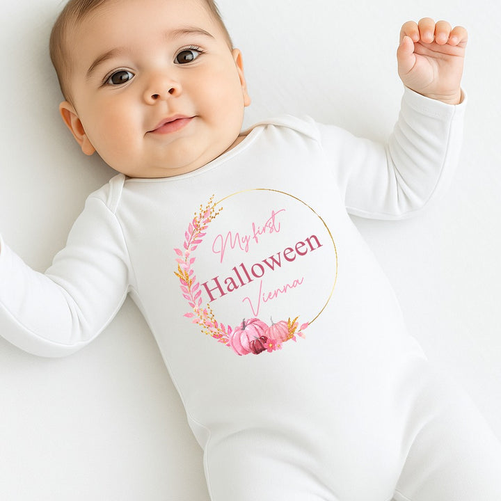 Personalised My First Halloween Pink Wreath Babygrow/Vest/Bib