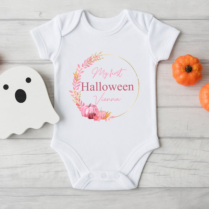 Personalised My First Halloween Pink Wreath Babygrow/Vest/Bib
