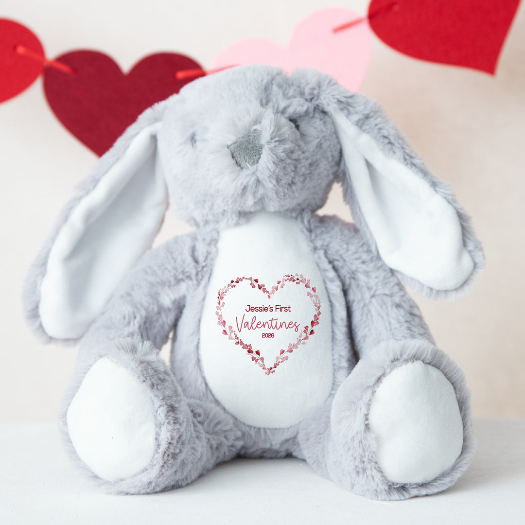 Personalised Valentines Heart Wreath White/Grey Bunny