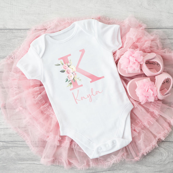 Personalised Pink Floral Initial Babygrow/Vest
