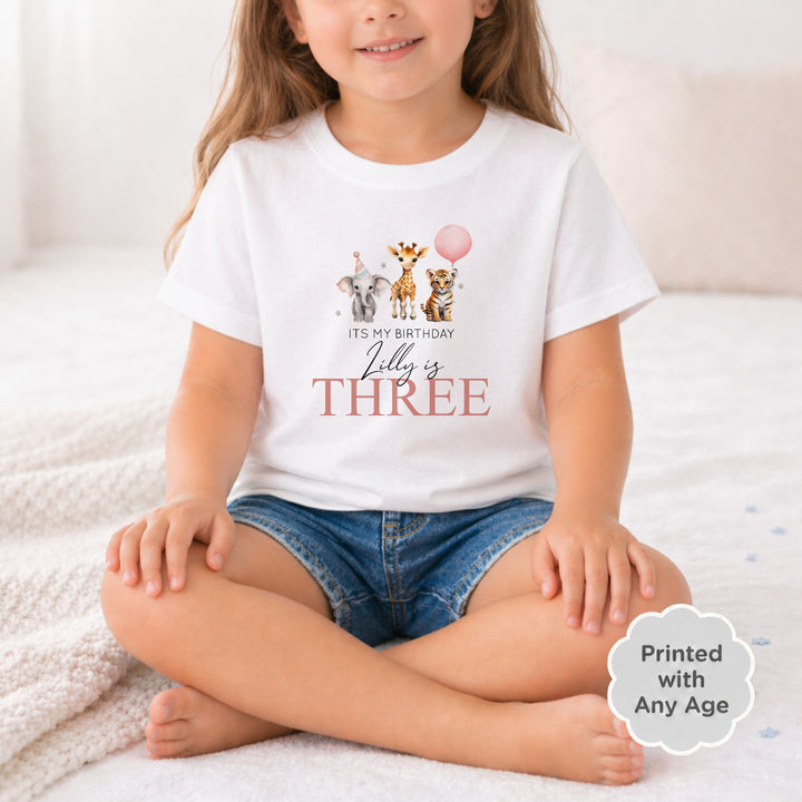 Personalised Pink Jungle Any Age Birthday Girl T-shirt