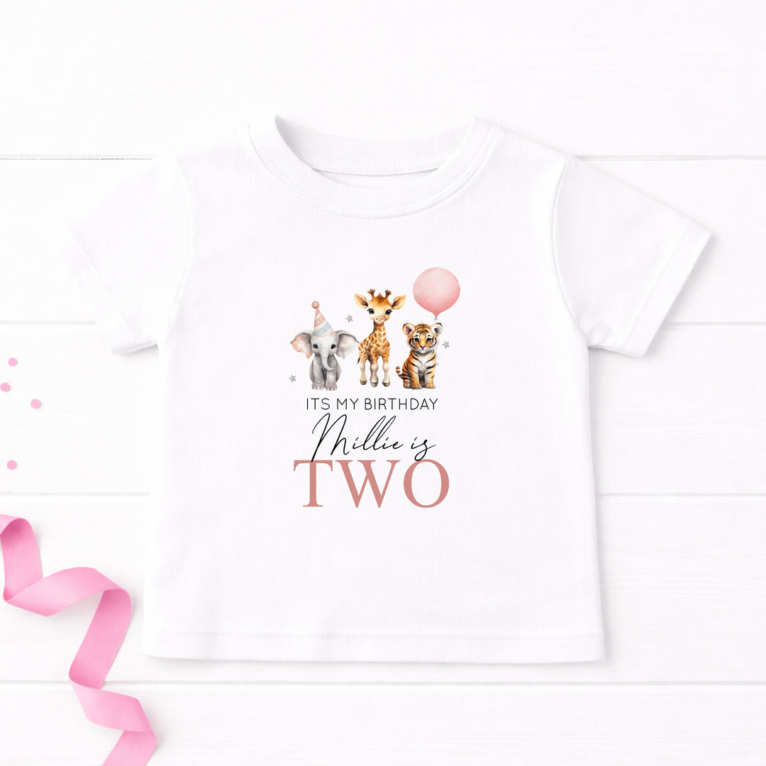 Personalised Pink Jungle Any Age Birthday Girl T-shirt