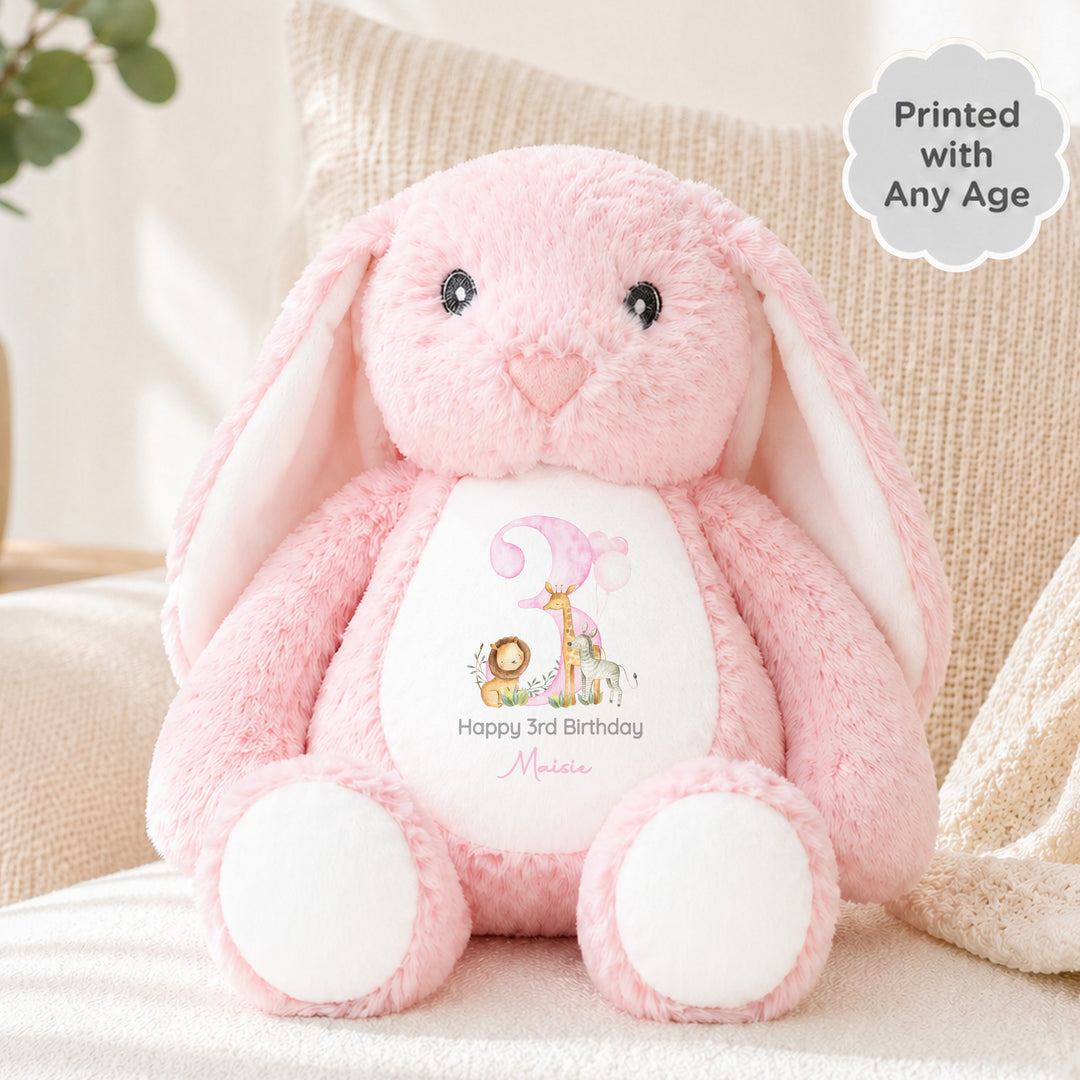 Personalised Pink Jungle Safari Any Age Birthday Rabbit