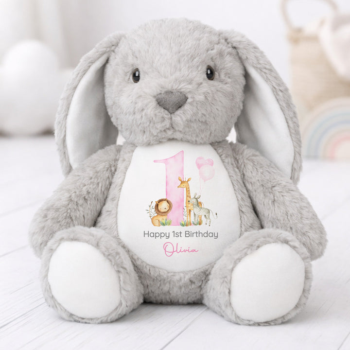 Personalised Pink Jungle Safari First Birthday Rabbit