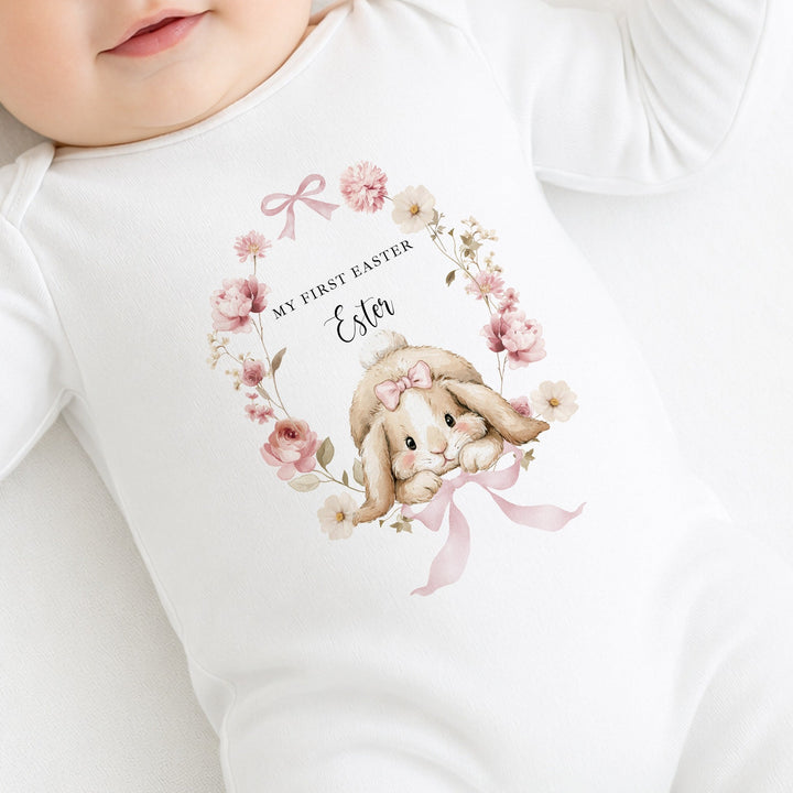 Personalised Pink Bunny Wreath My First Easter Baby Grow, Vest or Bib
