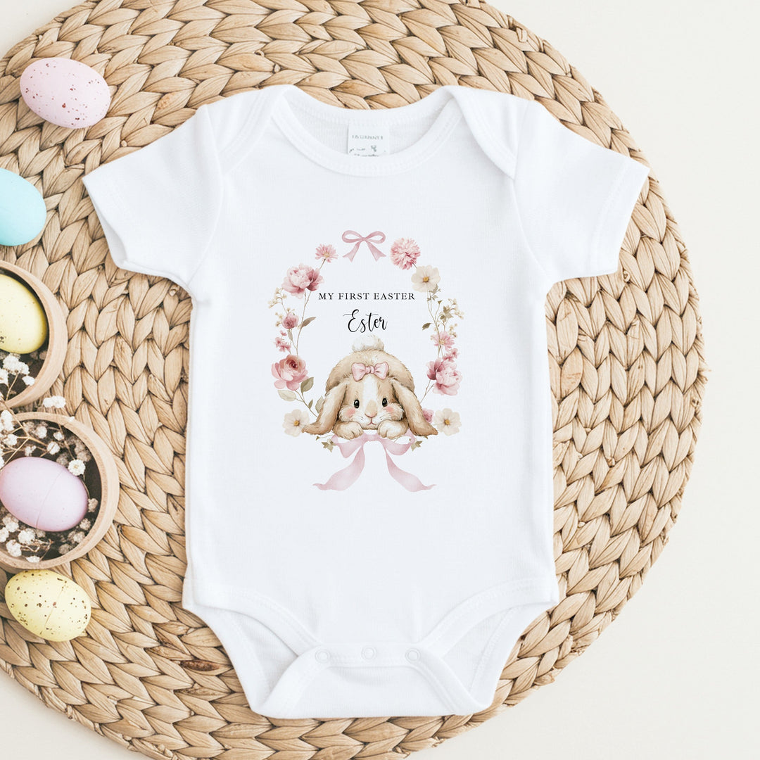 Personalised Pink Bunny Wreath My First Easter Baby Grow, Vest or Bib