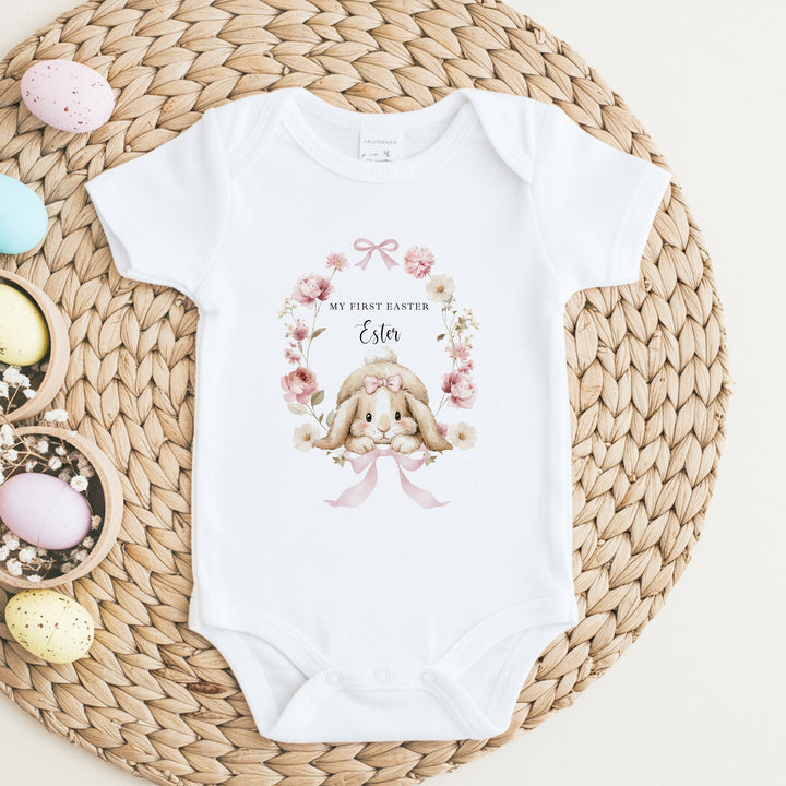Personalised Pink Bunny Wreath My First Easter Baby Grow, Vest or Bib