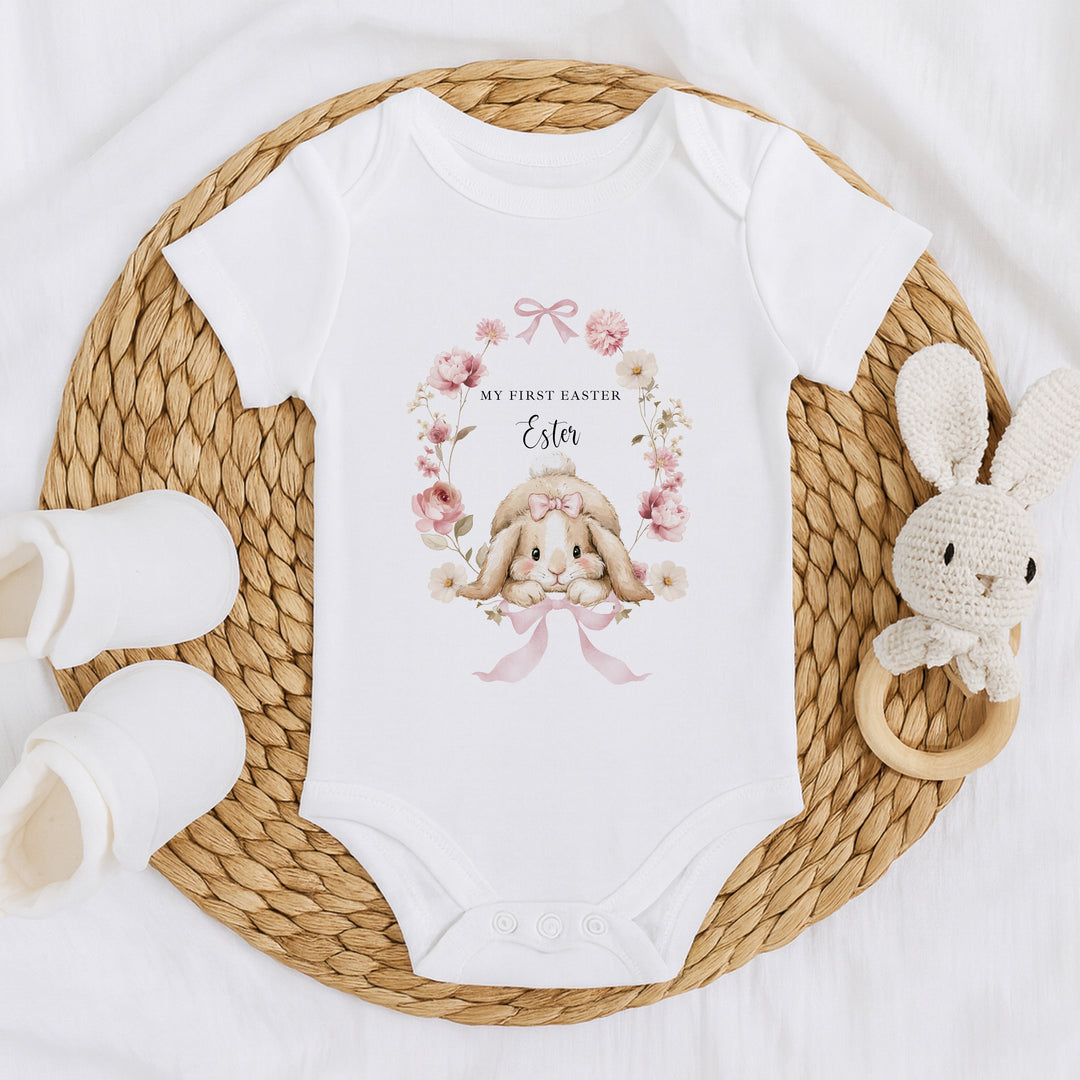 Personalised Pink Bunny Wreath My First Easter Baby Grow, Vest or Bib