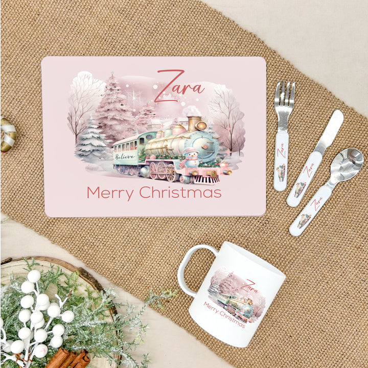 Personalised Pink Festive Train Christmas Place Mat With Optional Cutlery and Mug