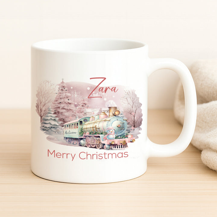 Personalised Pink Festive Train Christmas Place Mat With Optional Cutlery and Mug