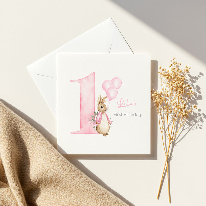 Personalised Pink Rabbit Birthday Card