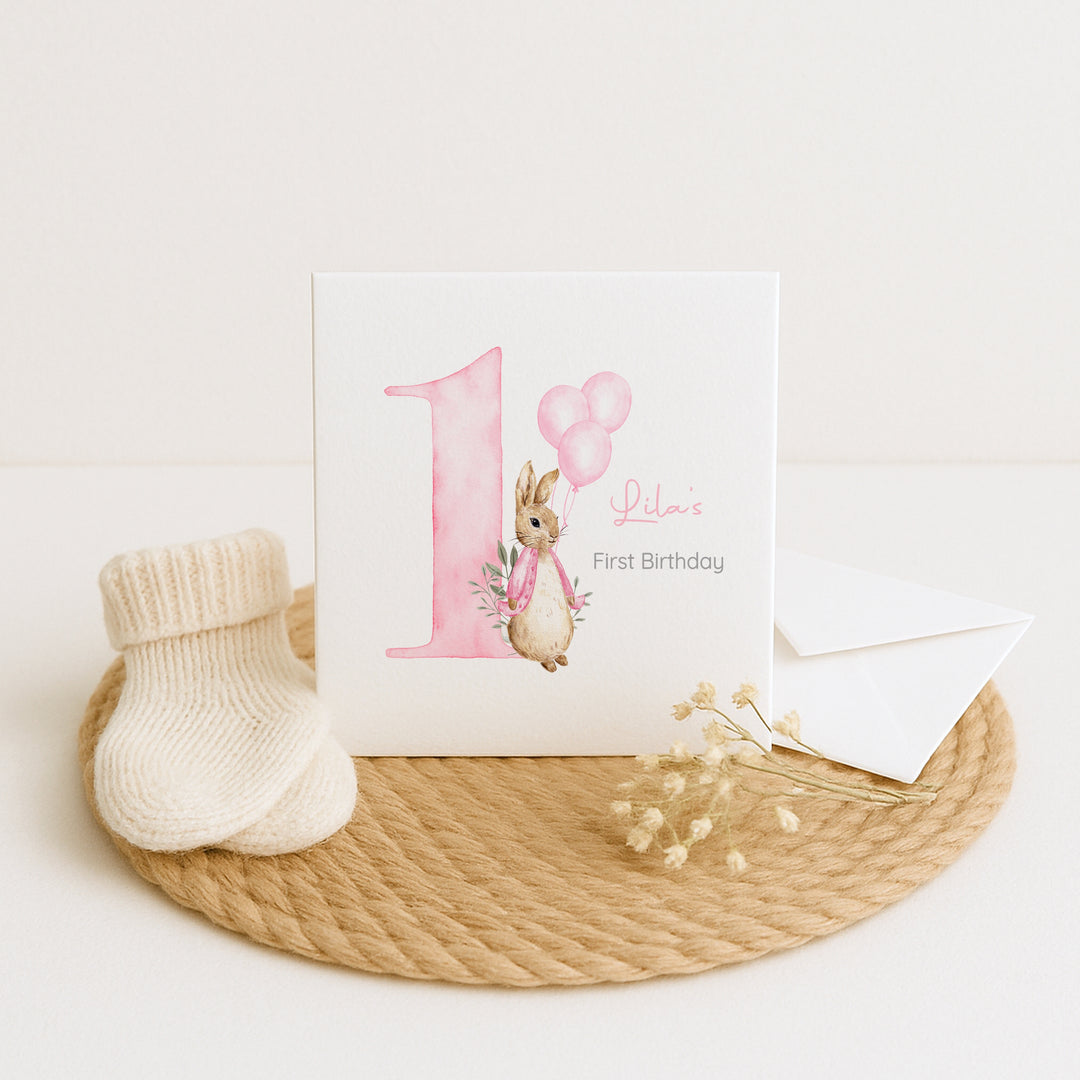 Personalised Pink Rabbit Birthday Card