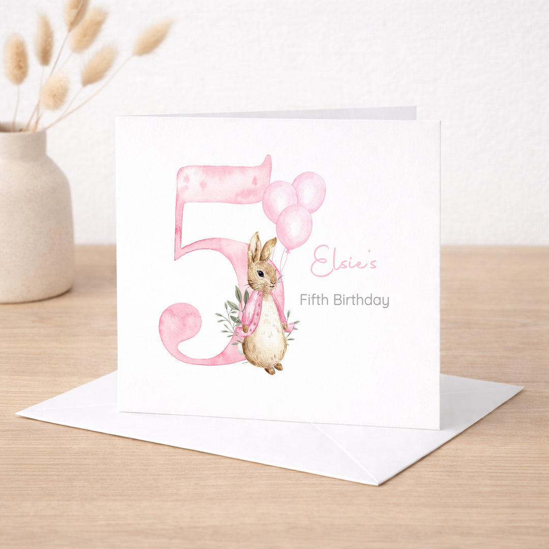 Personalised Pink Rabbit Any Age Birthday Card