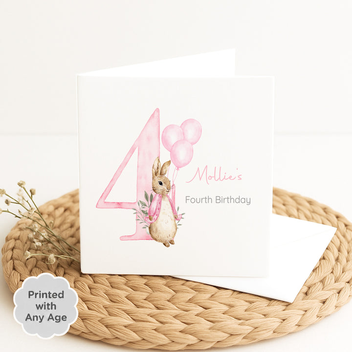 Personalised Pink Rabbit Any Age Birthday Card