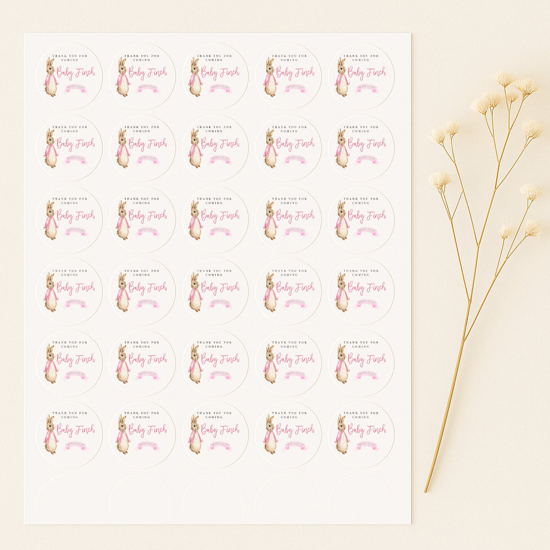 Personalised Pink Rabbit Baby Shower Stickers