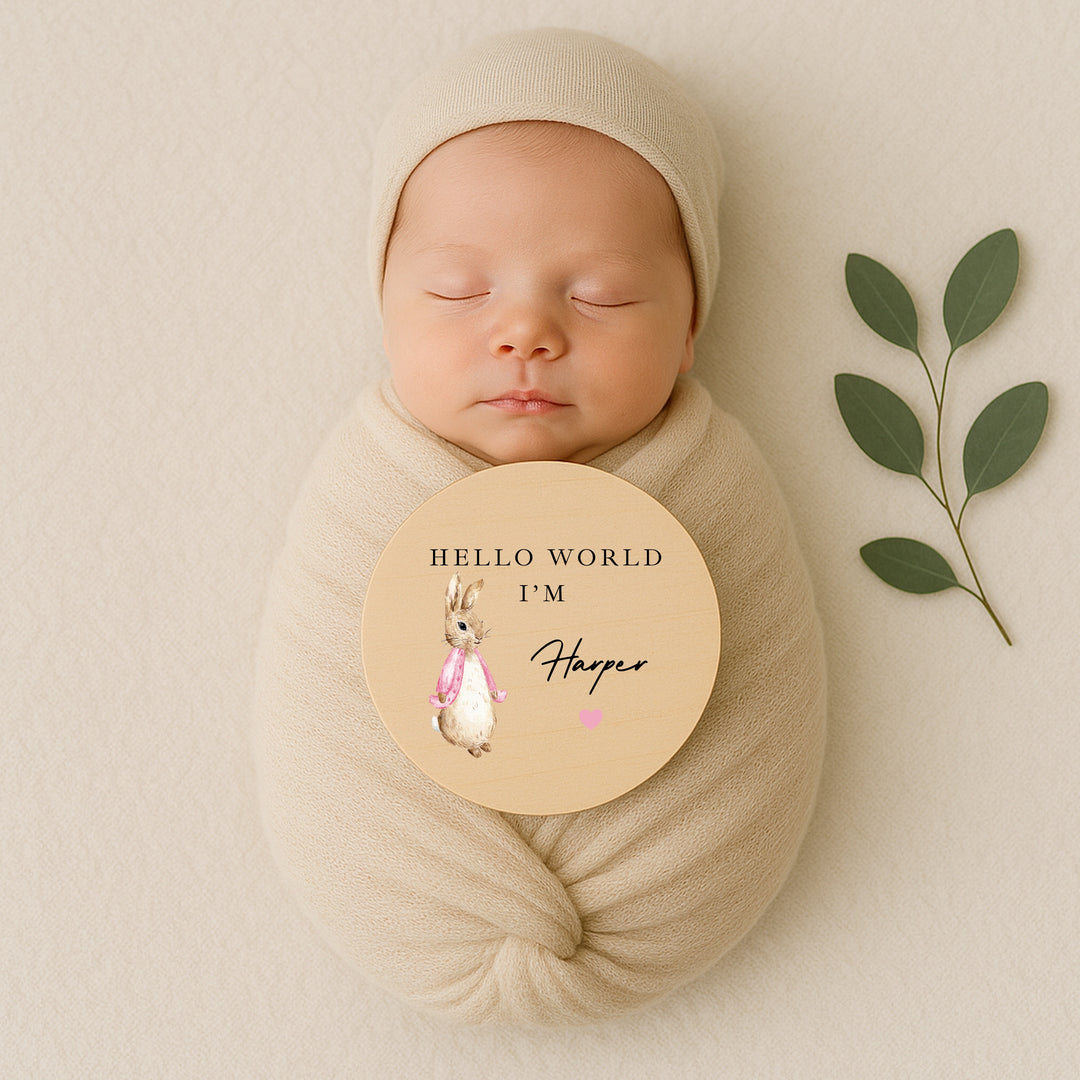 Personalised Pink Rabbit Wooden Announcement Plaque