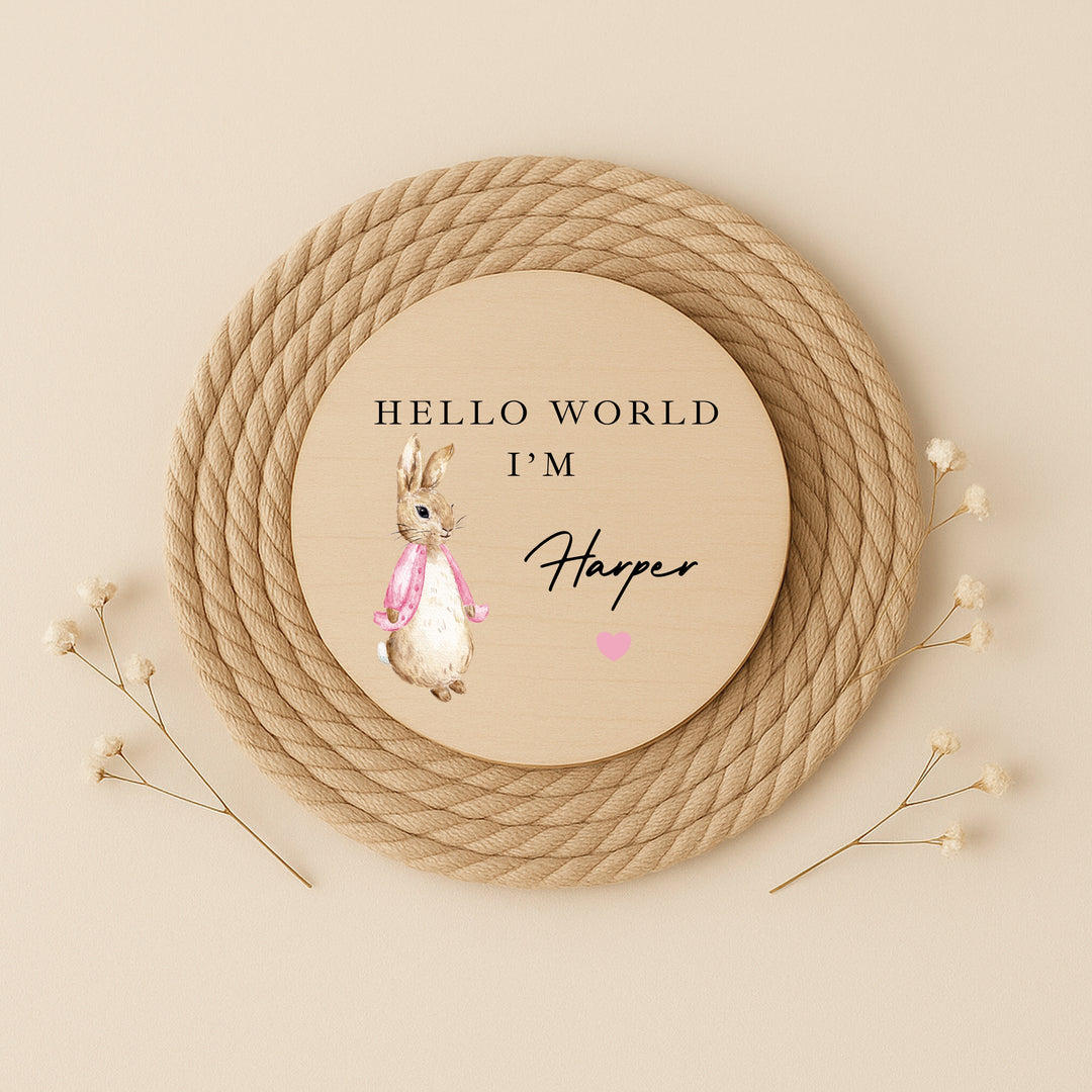 Personalised Pink Rabbit Wooden Announcement Plaque