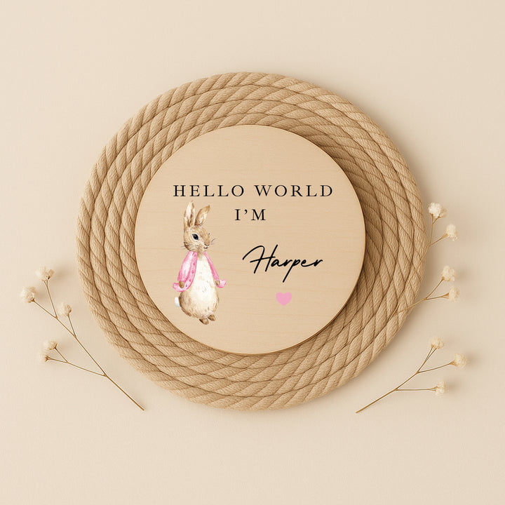 Personalised Pink Rabbit Wooden Announcement Plaque