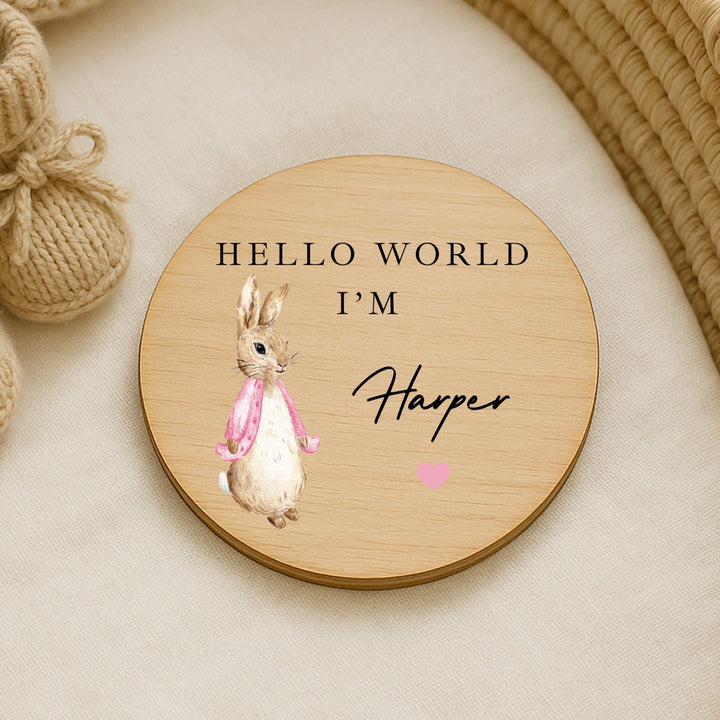 Personalised Pink Rabbit Wooden Announcement Plaque