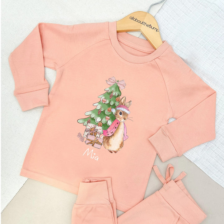 Personalised Pink Rabbit Xmas Tree Lightweight Cotton Tracksuit | Peach Blue Brown Sand