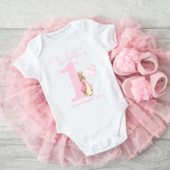 Personalised First Valentines Pink Rabbit Babygrow/Vest