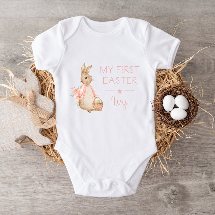 Personalised My First Easter Pink Rabbit White Babygrow/Vest