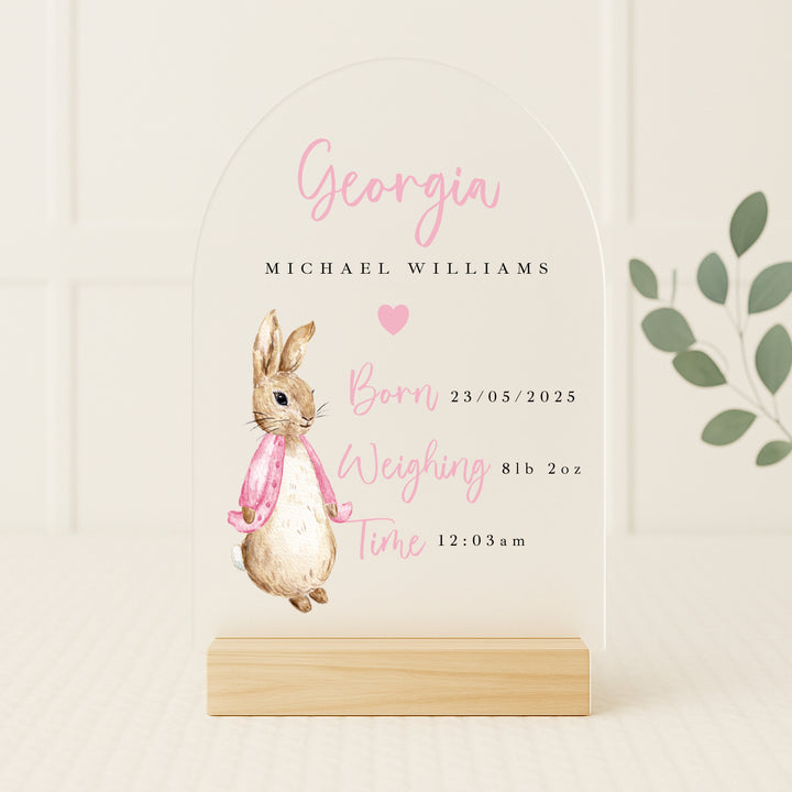 Personalised Pink Rabbit Birth Stats Plaque