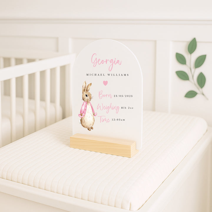 Personalised Pink Rabbit Birth Stats Plaque