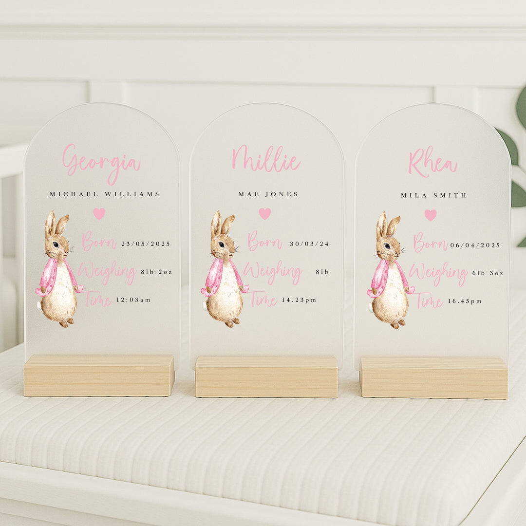 Personalised Pink Rabbit Birth Stats Plaque