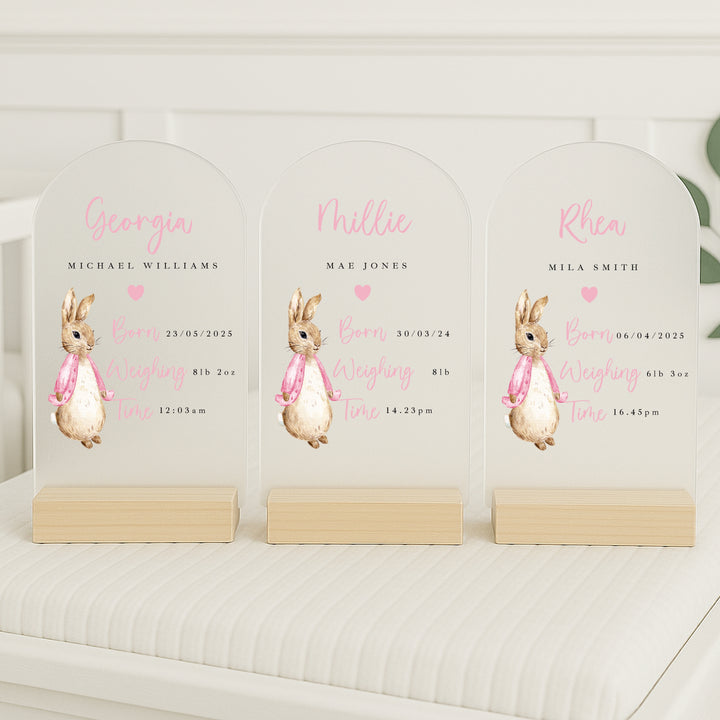 Personalised Pink Rabbit Birth Stats Plaque