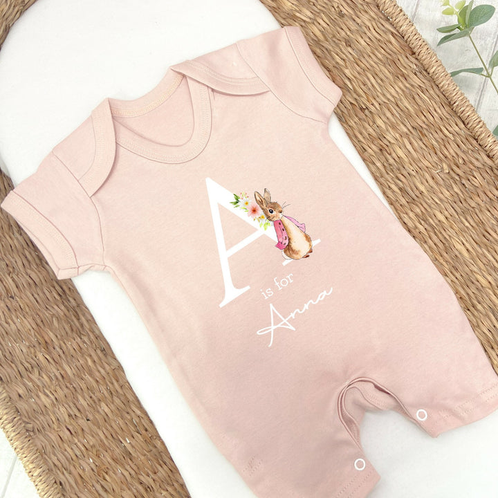 Personalised Pink Rabbit Initial Babygrow with optional Heaband, Romper & Blanket