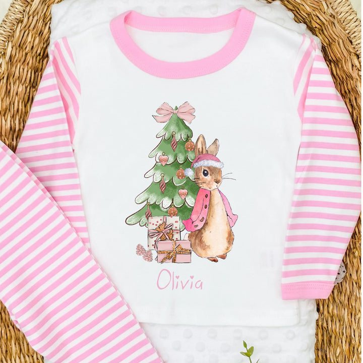 Personalised Pink Rabbit Pink Striped Christmas Pyjamas