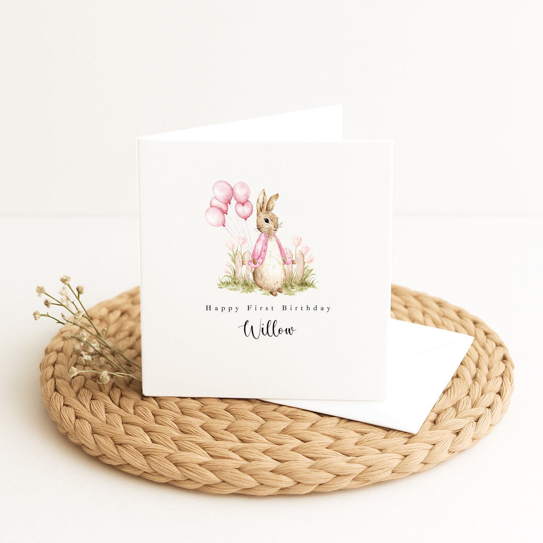 Personalised Pink Rabbit Garden Birthday Card
