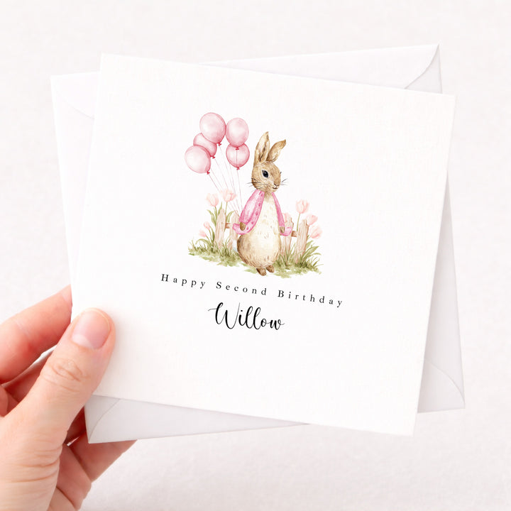 Personalised Pink Rabbit Garden Birthday Card