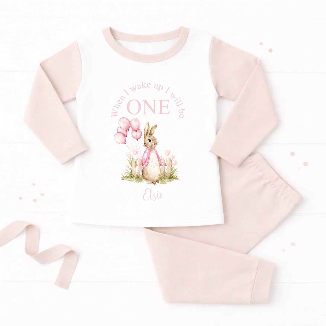 Personalised Pink Rabbit When I Wake Up I Will Be One Birthday Pyjamas