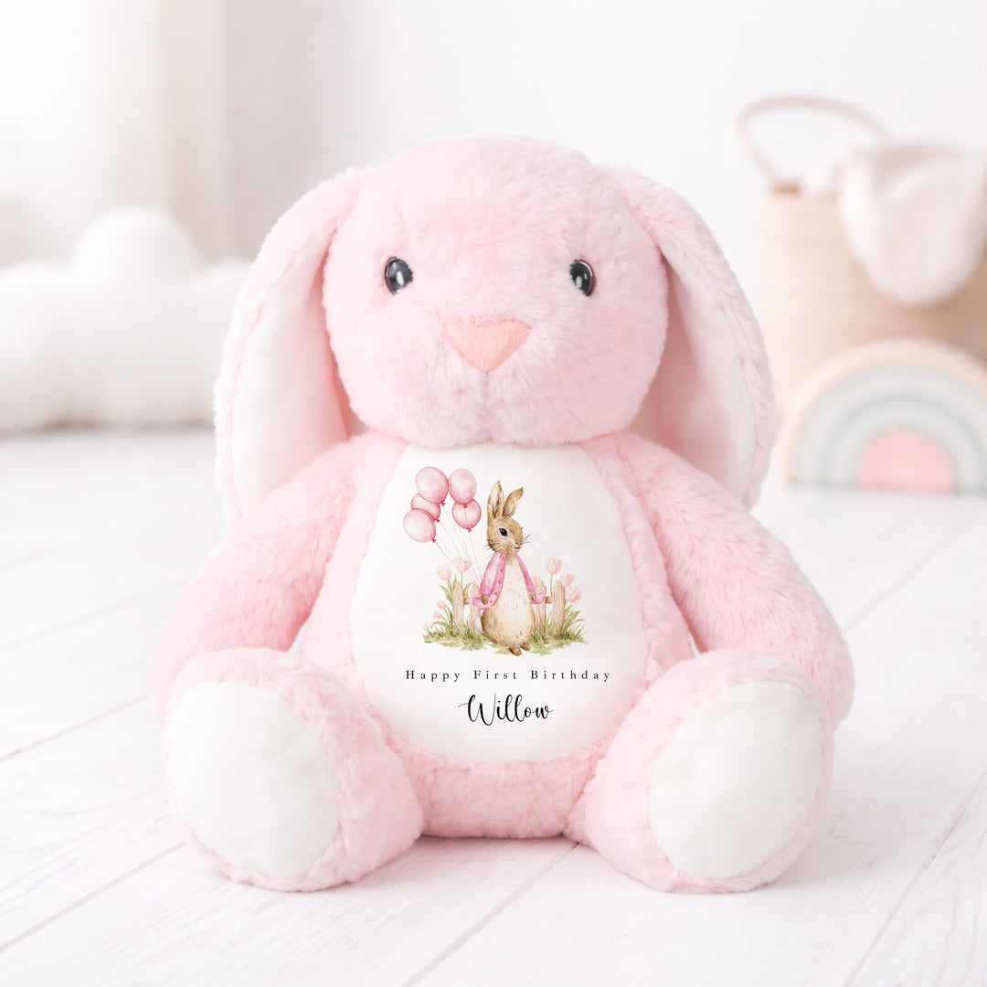 Personalised Pink Rabbit Garden First Birthday Teddy