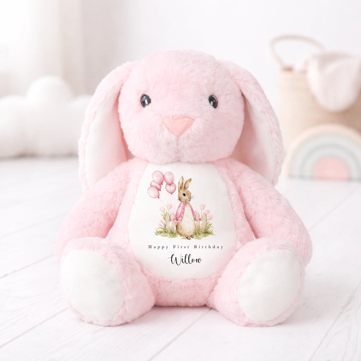 Personalised Pink Rabbit Garden First Birthday Teddy