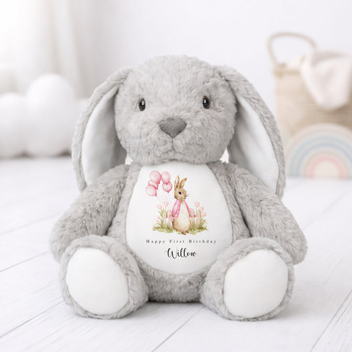 Personalised Pink Rabbit Garden First Birthday Teddy
