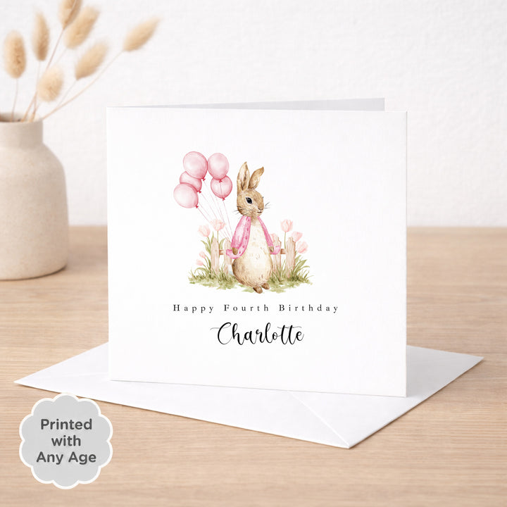 Personalised Pink Rabbit Garden Any Age Birthday Card