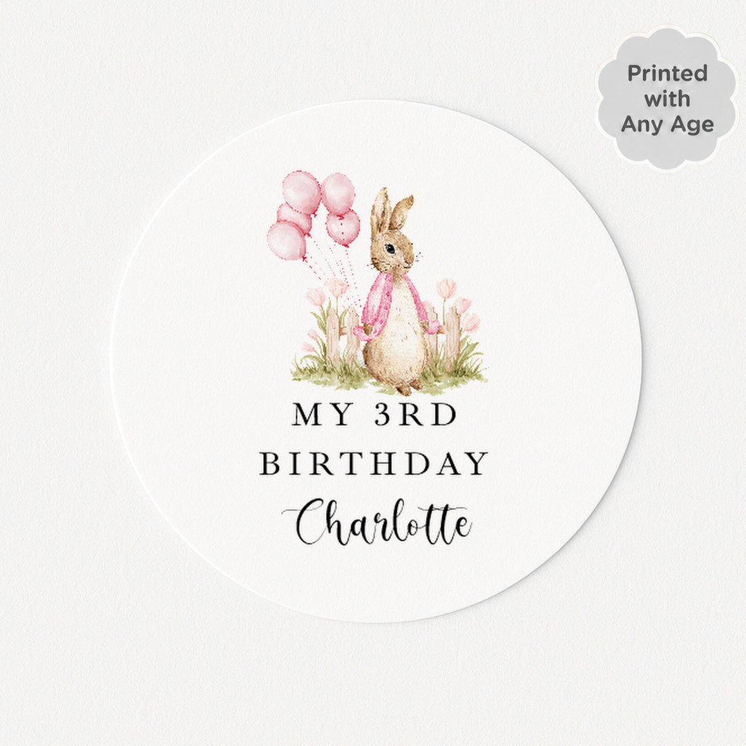 Personalised Pink Rabbit Garden Birthday Stickers