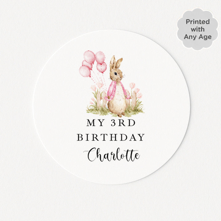 Personalised Pink Rabbit Garden Birthday Stickers