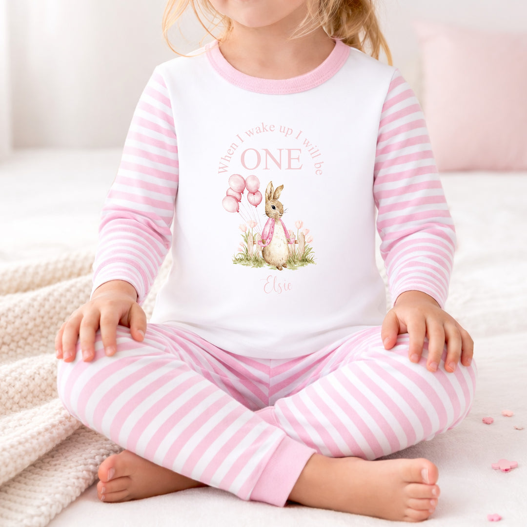 Personalised Pink Rabbit When I Wake Up I Will Be One First Birthday Pyjamas
