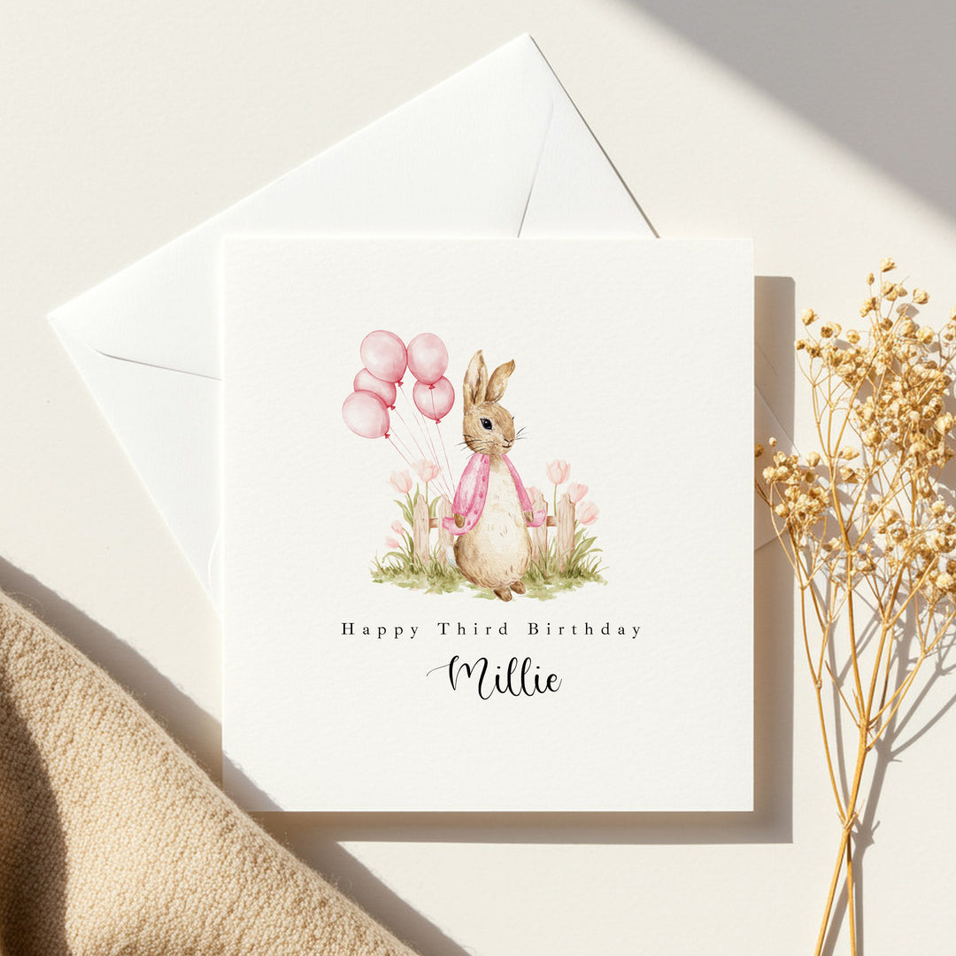 Personalised Pink Rabbit Garden Any Age Birthday Card