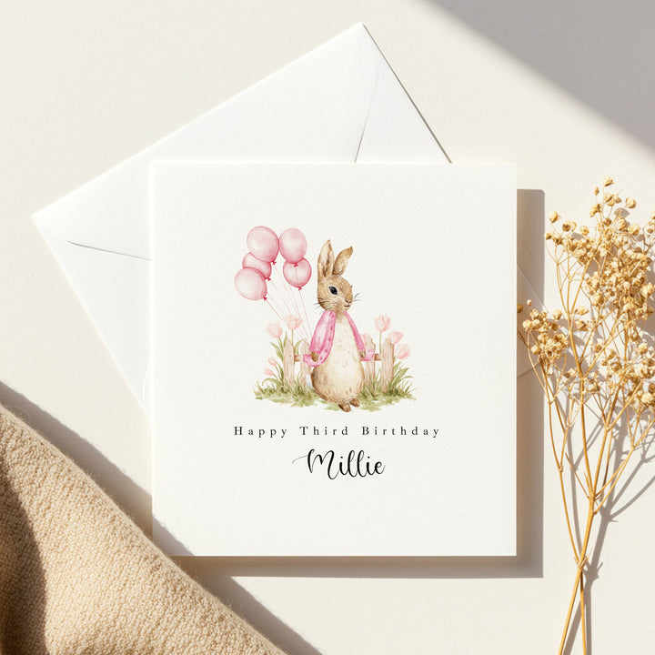 Personalised Pink Rabbit Garden Any Age Birthday Card