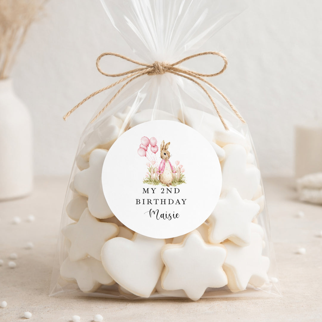 Personalised Pink Rabbit Garden Birthday Stickers