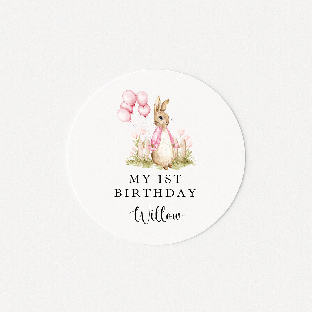 Personalised Pink Rabbit Garden 1st Birthday Stickers