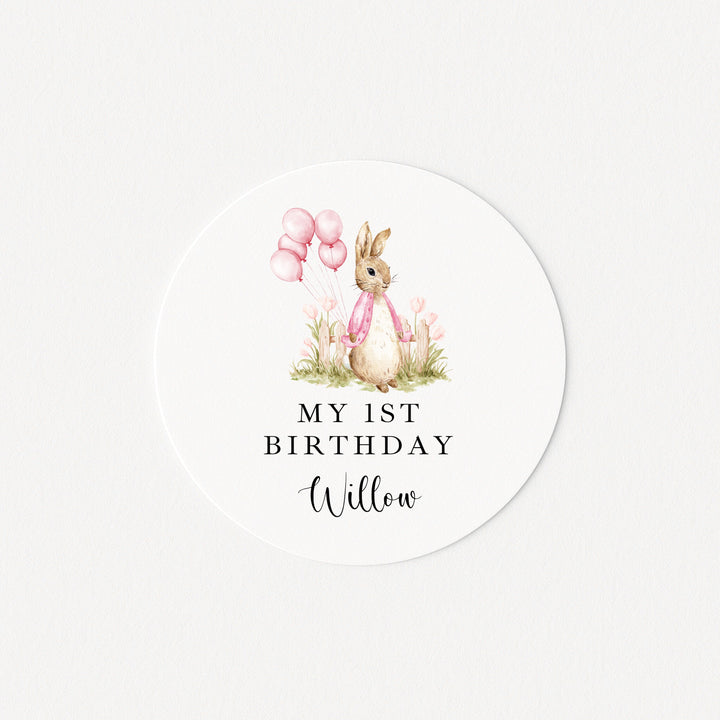 Personalised Pink Rabbit Garden 1st Birthday Stickers